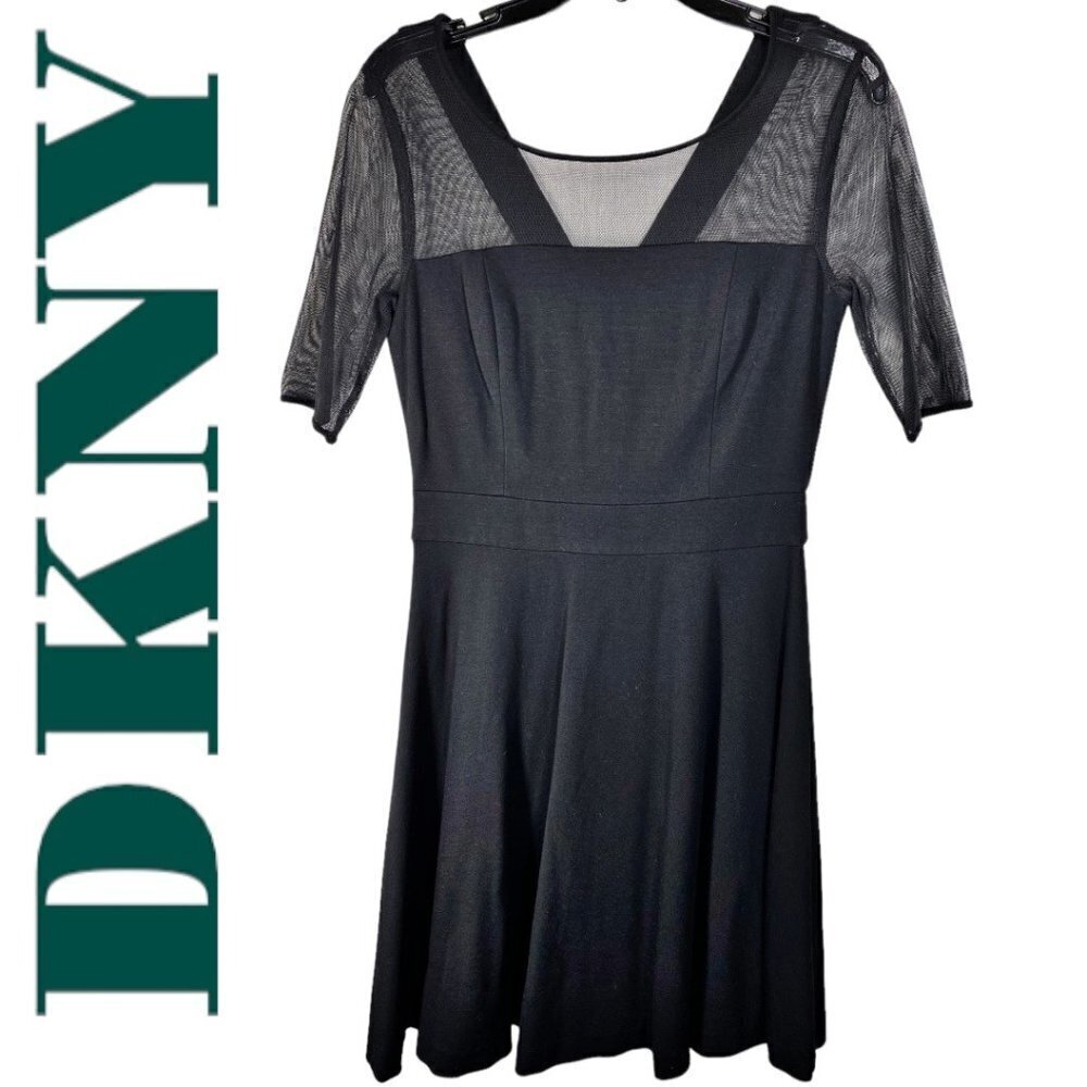 DKNY Black Fit &‎ Flare Short Sleeve V-Back LBD Dress Mesh Detail, Size 6